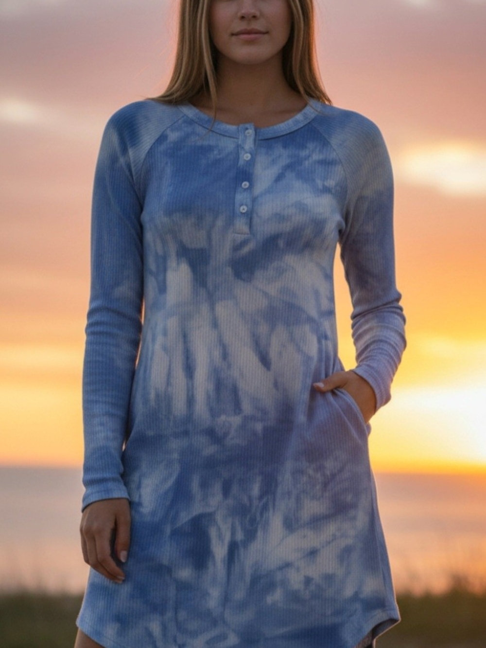 Umgee Blue Tie-Dye Ribbed Henley Long-Sleeve Dress